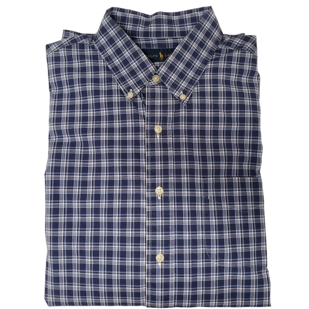 Ralph Lauren Men's Long Sleeve Button Down Shirt Pocket Blue Plaid Cotton XL